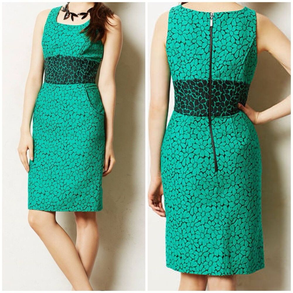 Maeve Anthropologie Green Floral Textured Sheath Dress Sleeveless Party Size 10P